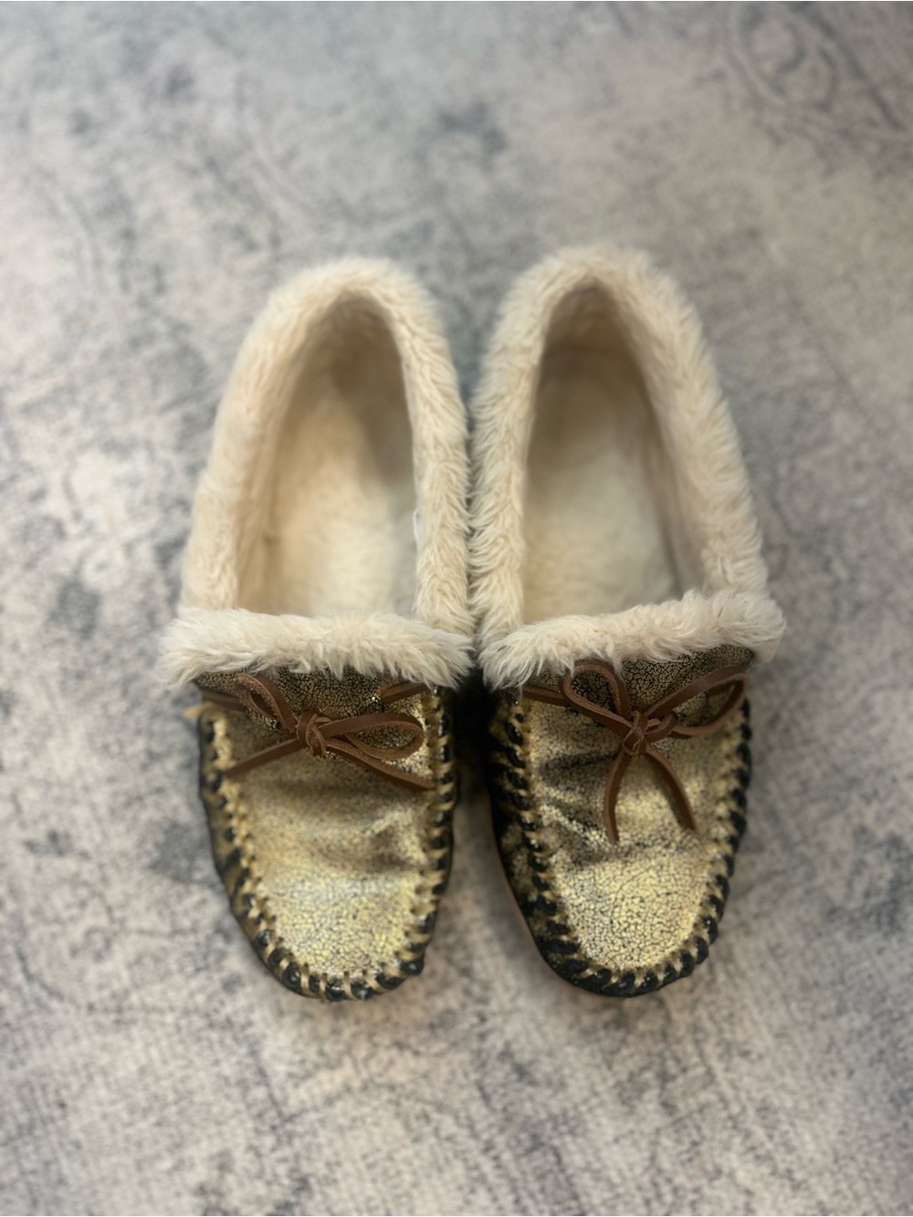 J. Crew Metallic Gold Faux-Fur Moccasin Slippers with Brown Bow